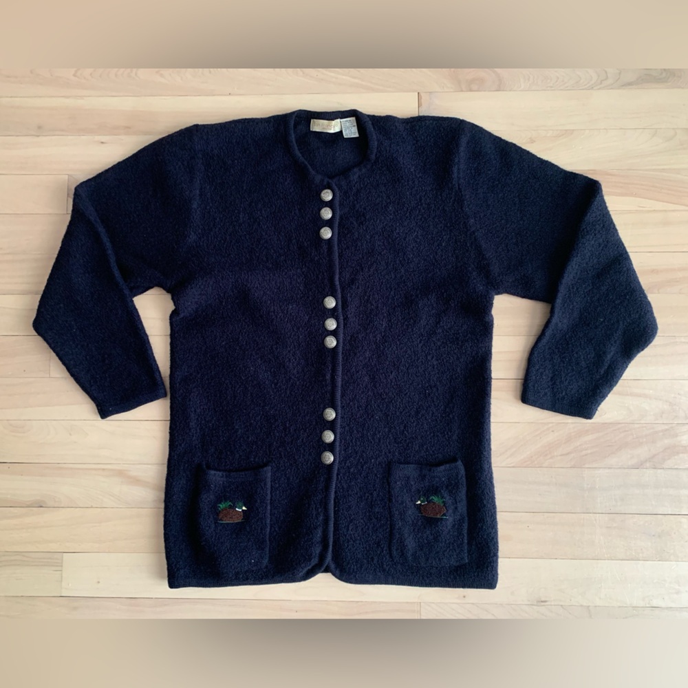 VINTAGE - Navy blue Wool Cardigan with Duck figures embroidered - Picture 3 of 7